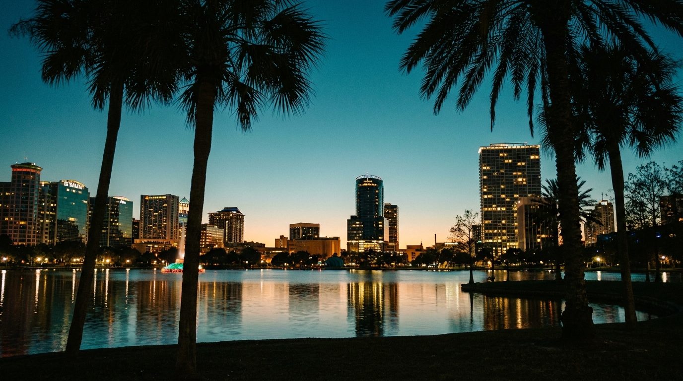 Orlando lakefront skyline at dusk seen across calm water and framed by palm trees