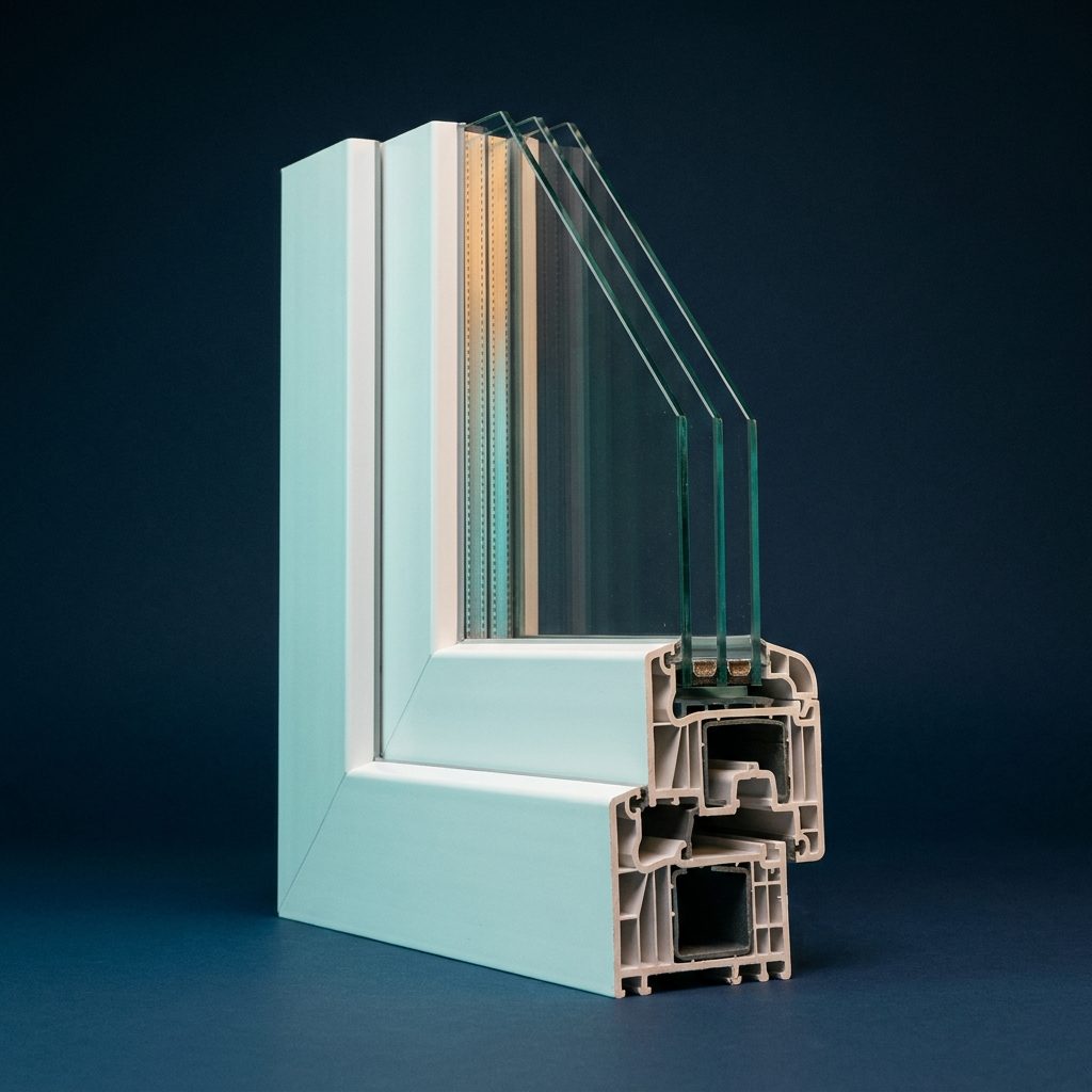 Studio photo of a cutaway impact window corner on a navy background showing the laminated glass layers and multi chamber vinyl frame profile