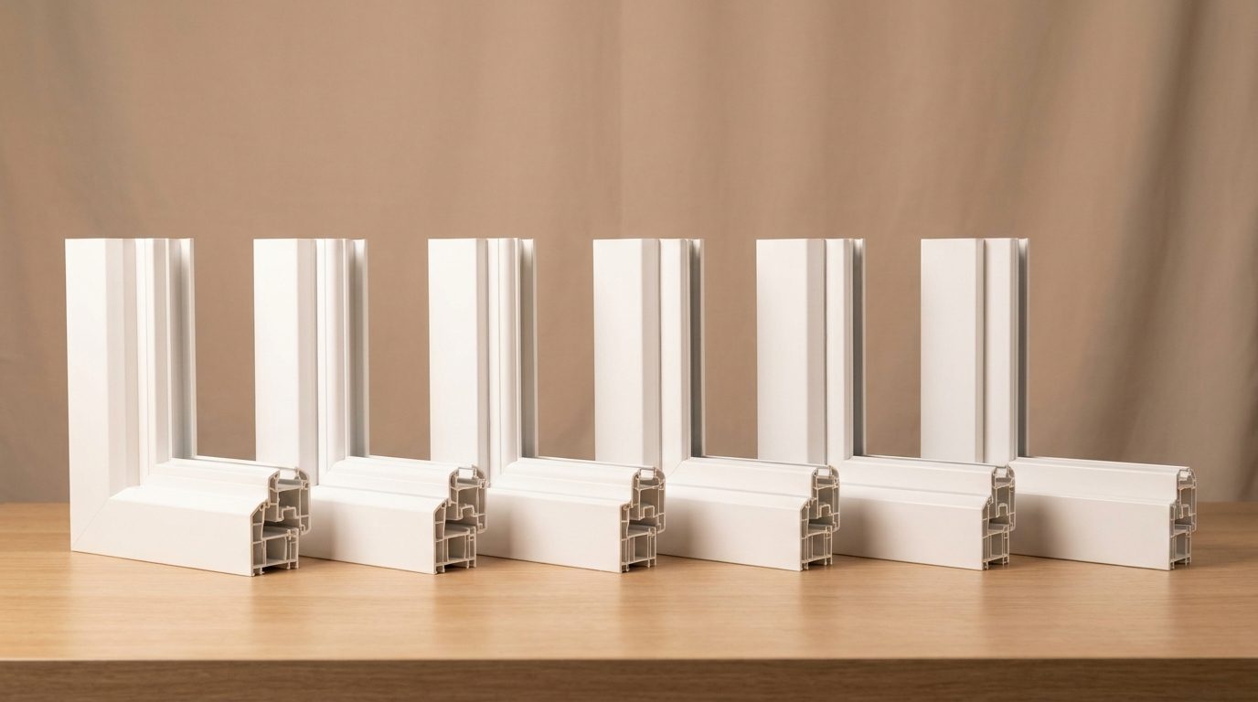 Row of plain white vinyl window corner samples standing upright on a showroom table under soft studio light