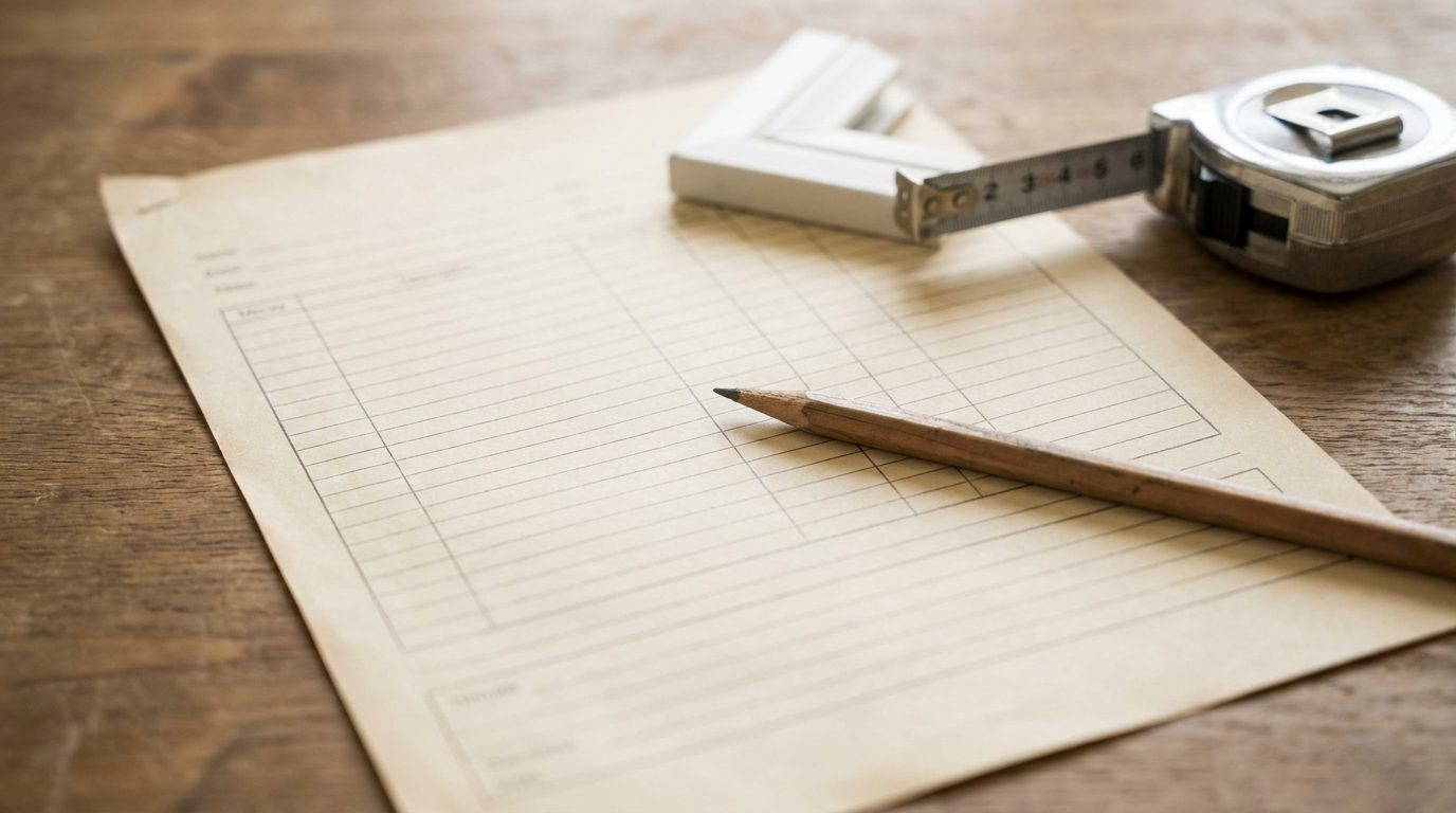 Overhead view of a blank itemized quote worksheet with a pencil, a steel tape measure, and a white vinyl window corner sample on a wood desk