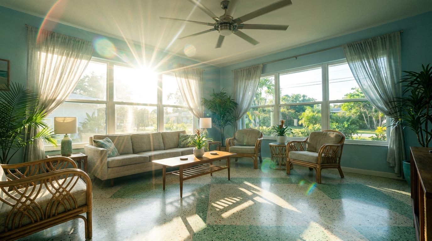 Sunlit Florida living room with sheer curtains and terrazzo floor staying cool behind large double pane windows