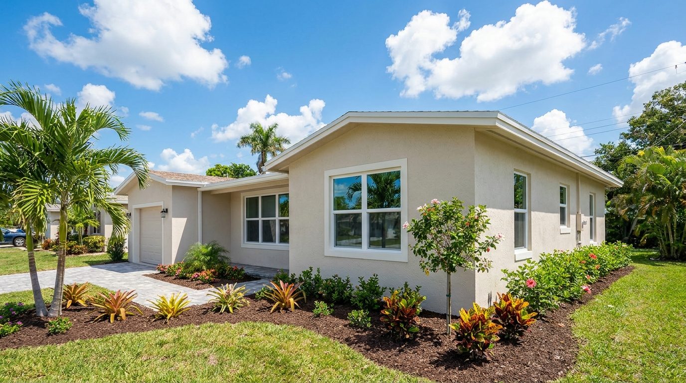 Single story Florida block home with new white impact windows, fresh landscaping, and a clear blue morning sky