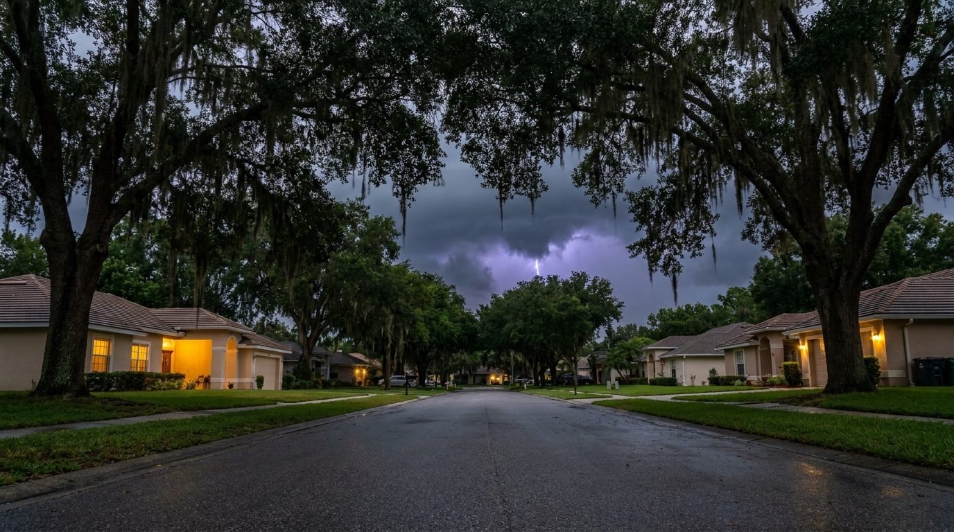 Oak lined inland Orlando street at dusk with warm lit homes and a distant storm cell glowing on the horizon