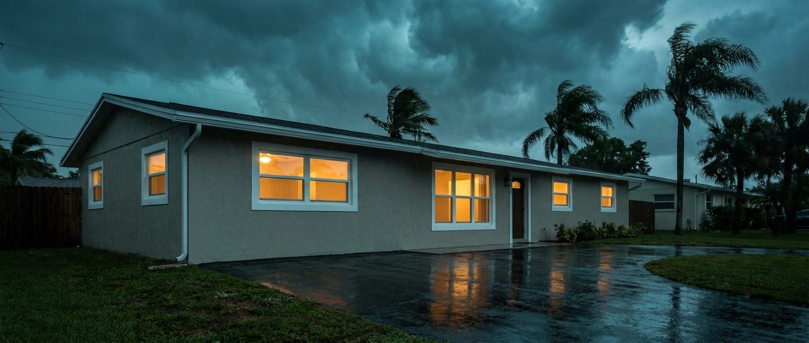 Single story Florida block home at storm dusk with warm lit windows under a dark teal sky