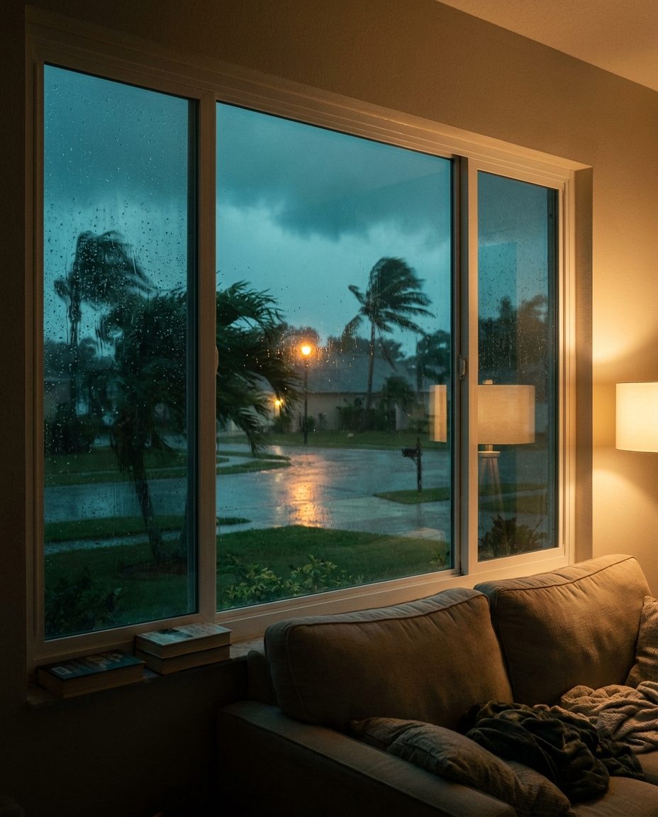 View through a white vinyl impact window at dusk: rain streaks the glass while palm trees bend in a storm outside and a warm lamp glow reflects from the calm interior