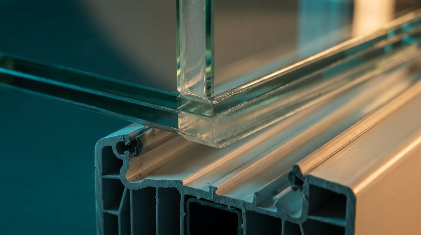 Macro close-up of a laminated impact window corner showing two glass layers bonded to a clear interlayer inside a white vinyl frame