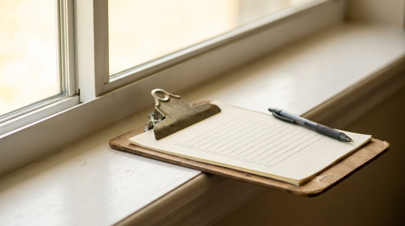 Clipboard with a blank inspection checklist and a pen resting on a white windowsill beside a new window