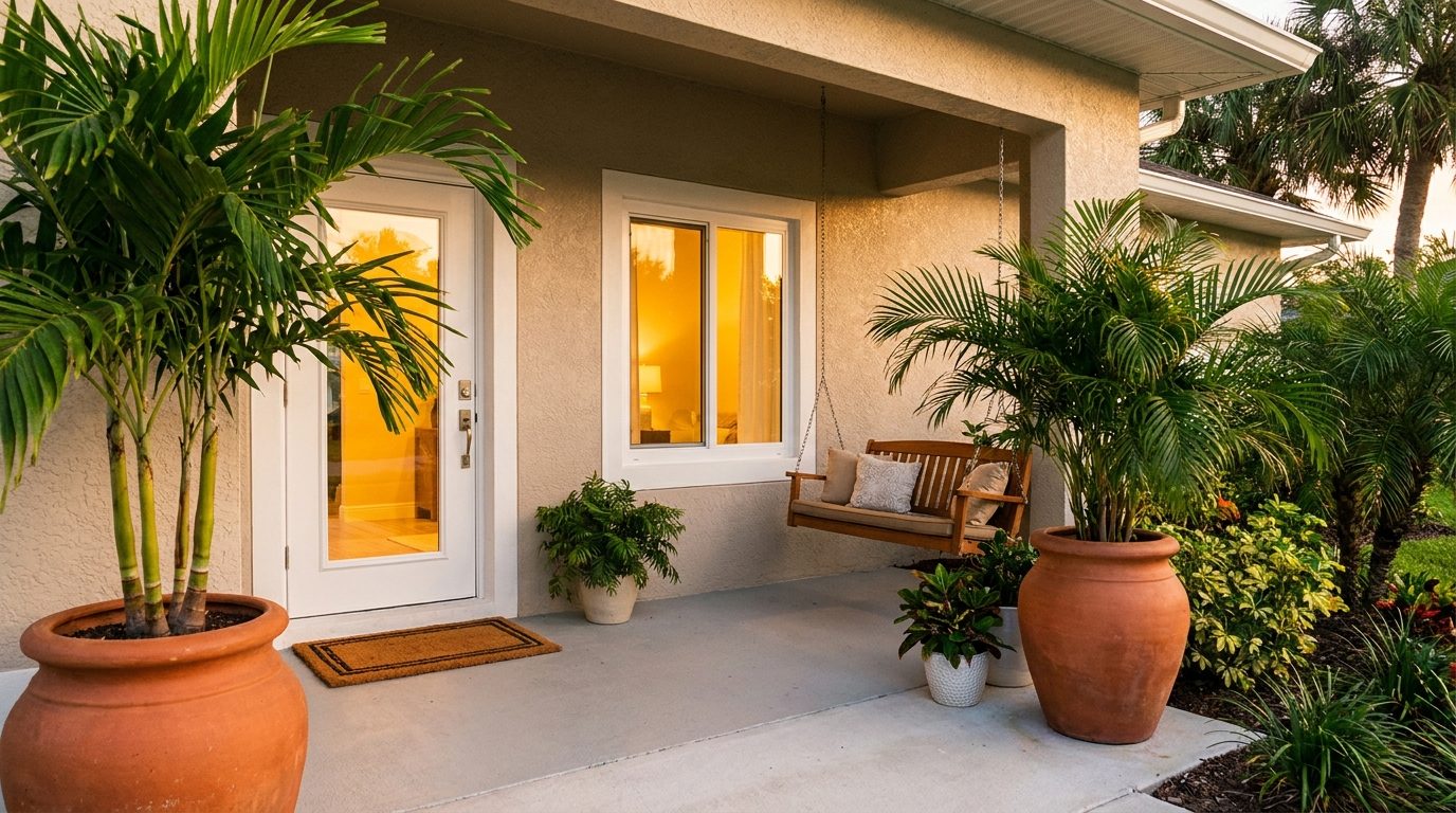 Florida front porch at golden hour with a new impact window and a glass door glowing from inside, potted palms beside the steps