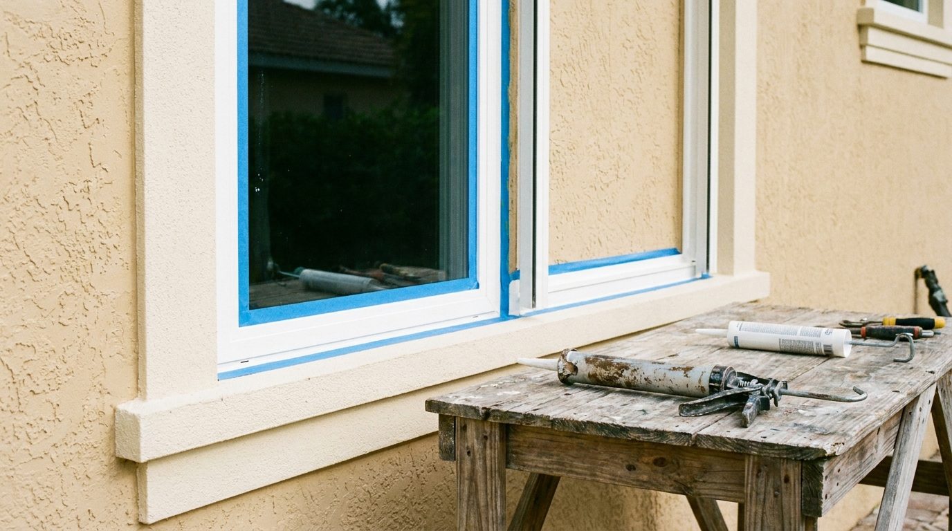 New white vinyl replacement window installed in a Florida stucco wall with painter's tape still on the glass edge