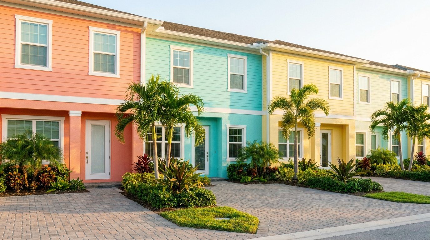 Row of colorful Florida townhouses with matching new white windows and small palms out front in bright afternoon light