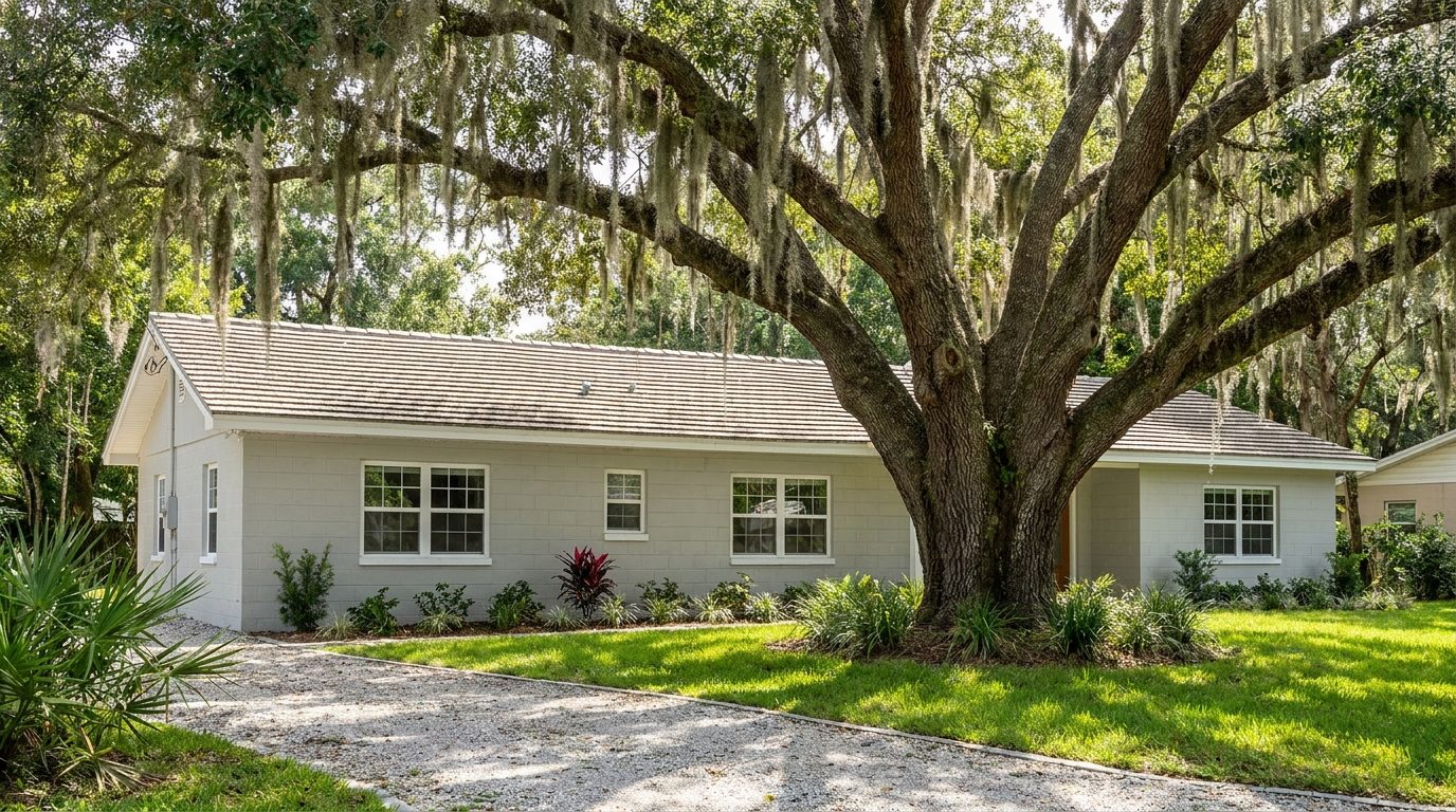 Ranch style Florida concrete block home with new double hung white windows and one large shade tree in the yard in late morning light
