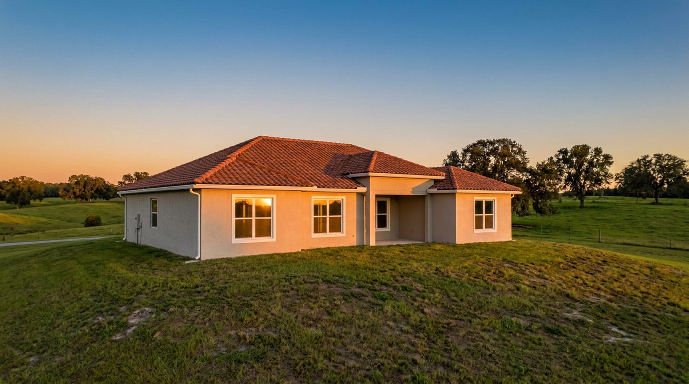 Florida home on a gentle green hill with new white windows catching low sunset light under a clear sky