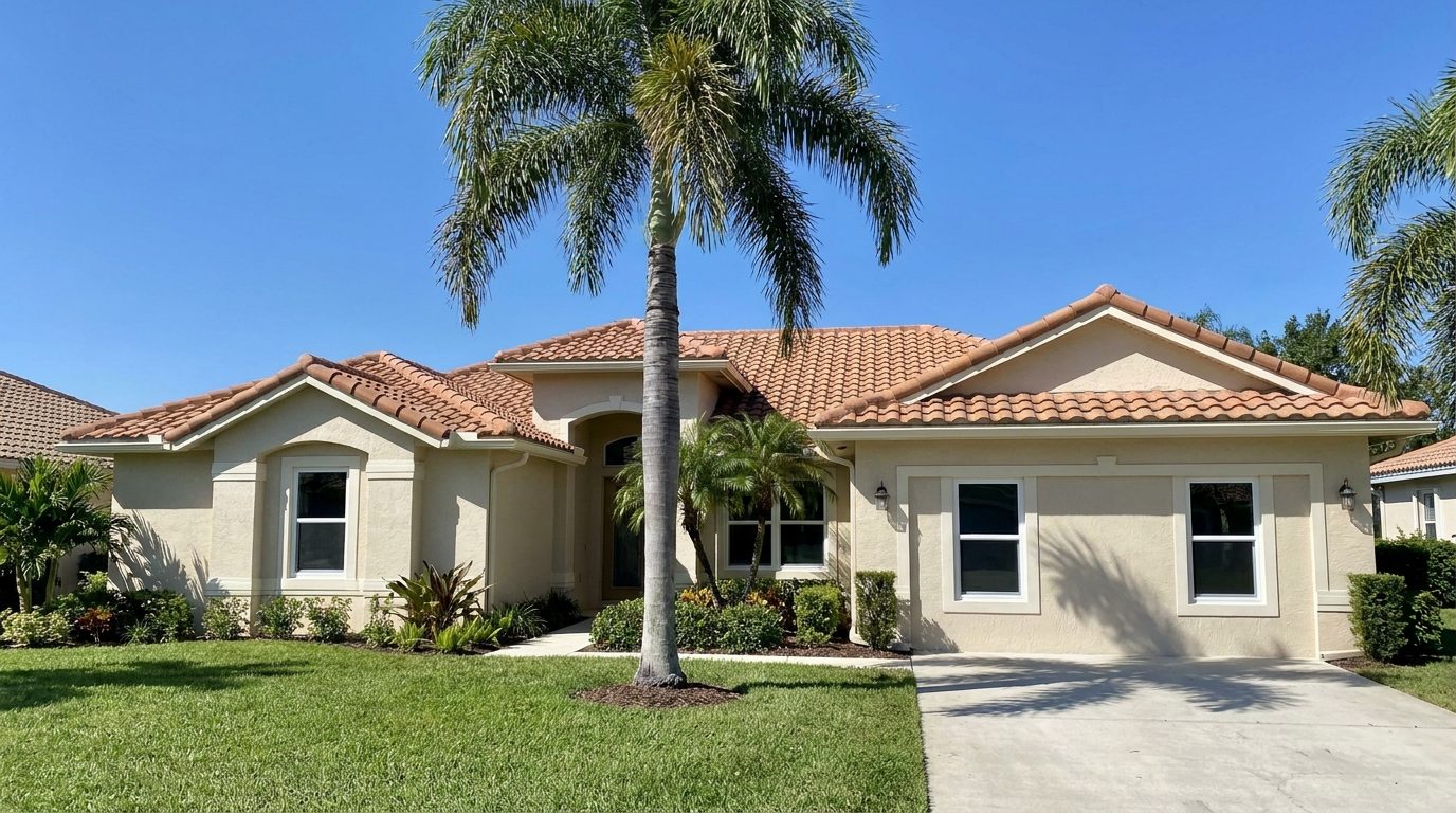 Single story Florida stucco home with a barrel tile roof, new white impact windows, and a tall palm in the front yard under a bright midday sky