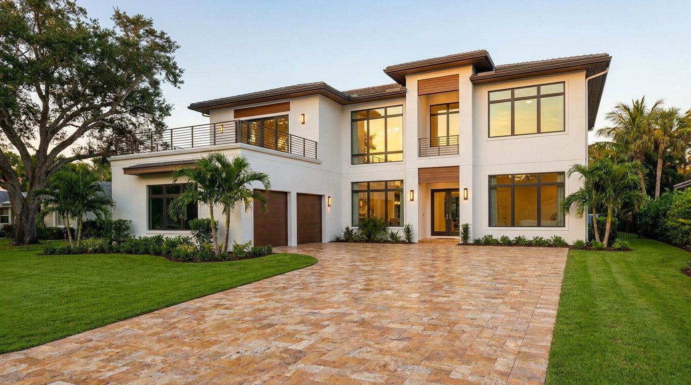 Contemporary two story Florida home with large energy efficient windows, a manicured lawn, and a paver driveway in golden hour light