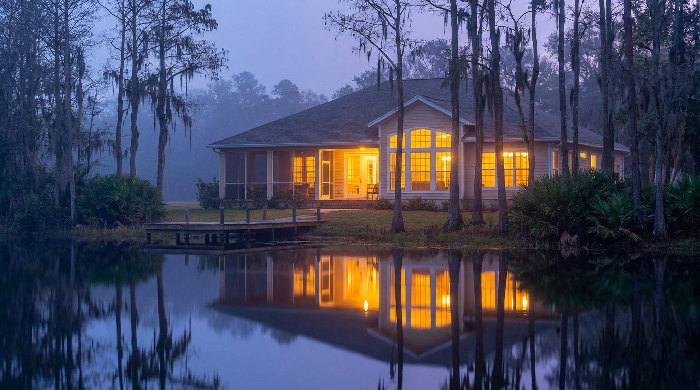 Lakeside Florida home at dusk with warm light glowing through new windows and a calm lake reflection behind it