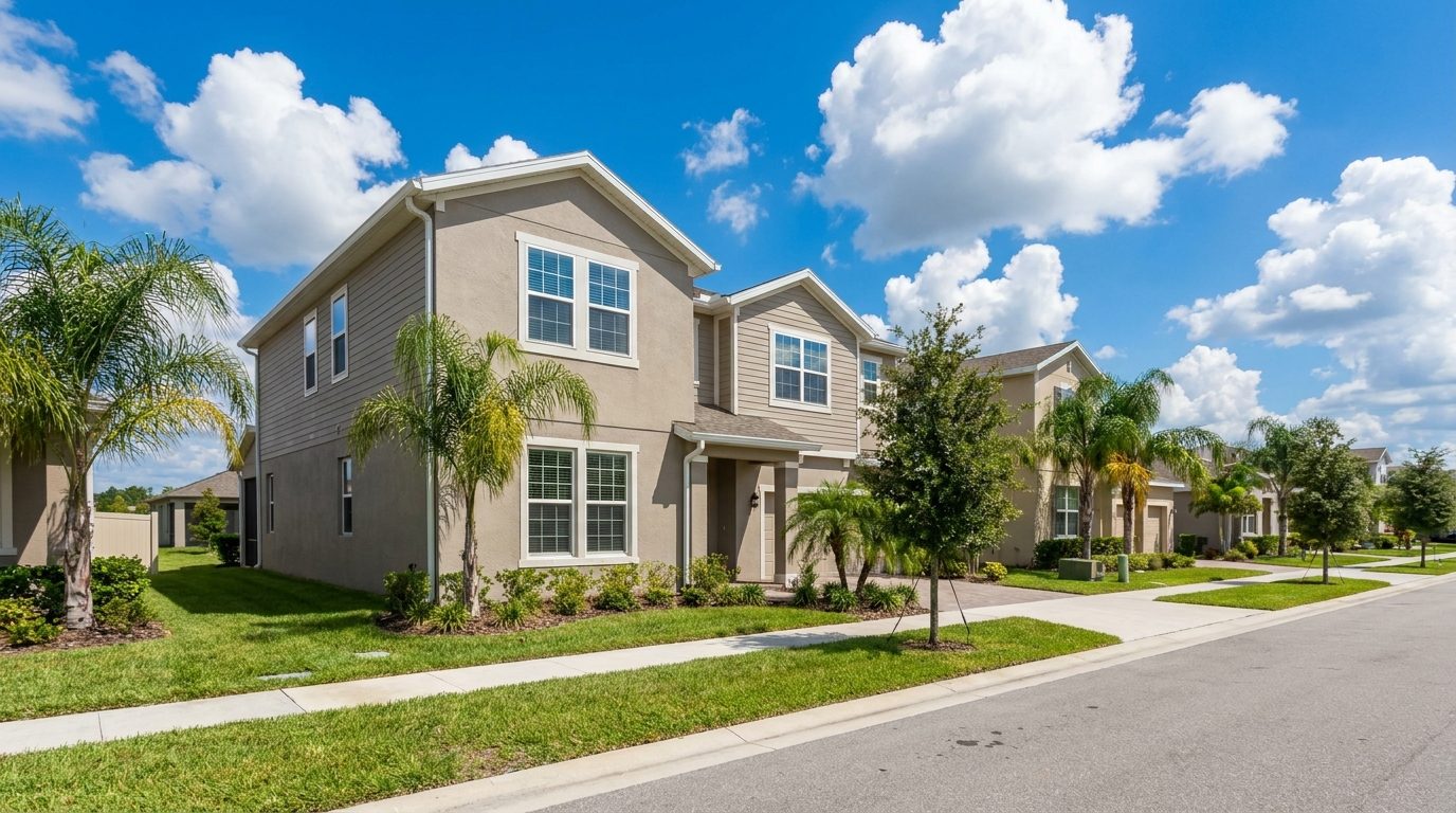 Newer two story central Florida family home with grid pattern white windows on a sidewalk lined suburban street under cumulus clouds
