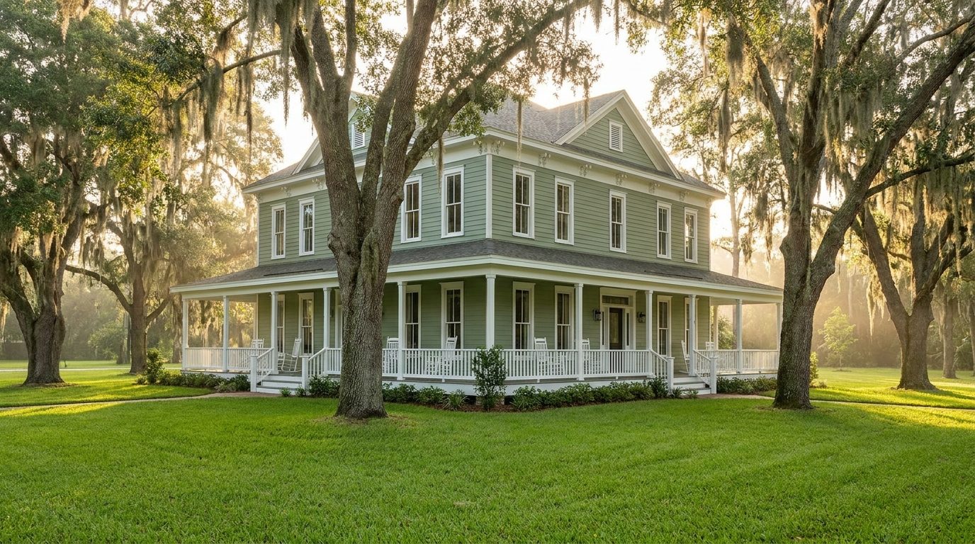 Restored two story historic Florida frame house with sage green siding, a wraparound porch, and tall new white windows beneath live oaks with Spanish moss