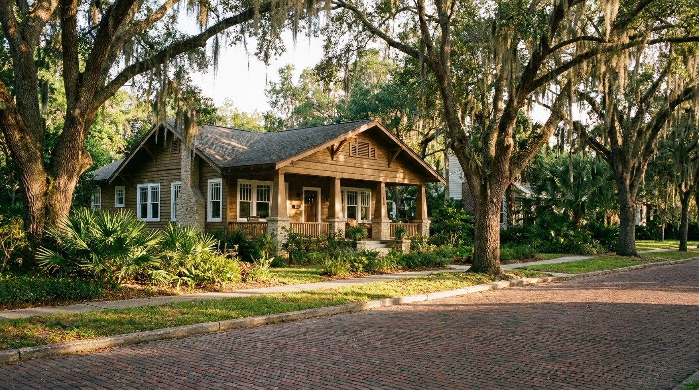Craftsman style Florida bungalow with a deep front porch and new white windows on a brick paved street lined with mature oak trees in late afternoon light