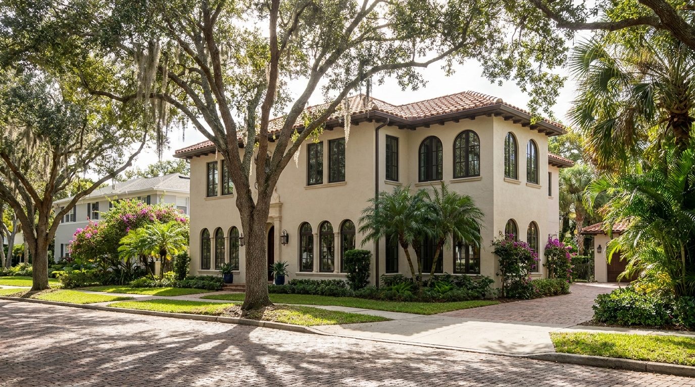 Mediterranean revival Florida home with arched new windows and a clay tile roof on a brick street in dappled oak shade
